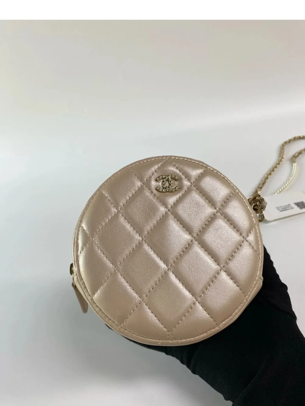 CHANEL Beige Iridescent Calfskin Quilted Round Pearl Chain Crossbody Bag
